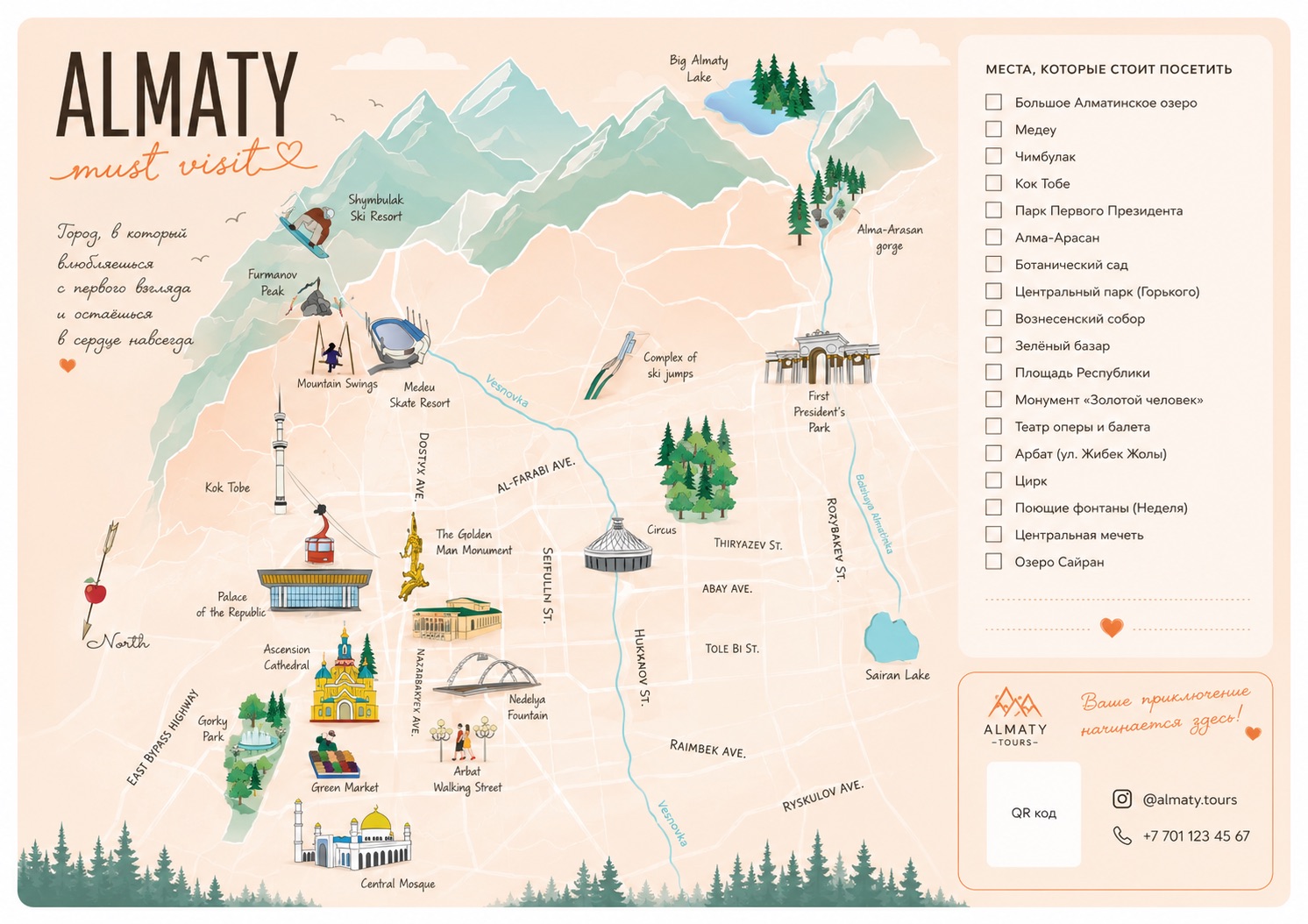 Illustrated map of Almaty and its mountain landmarks