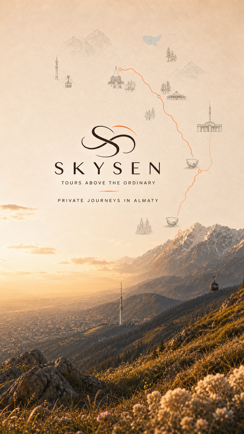 Sky Sen private journeys above Almaty, composed for mobile