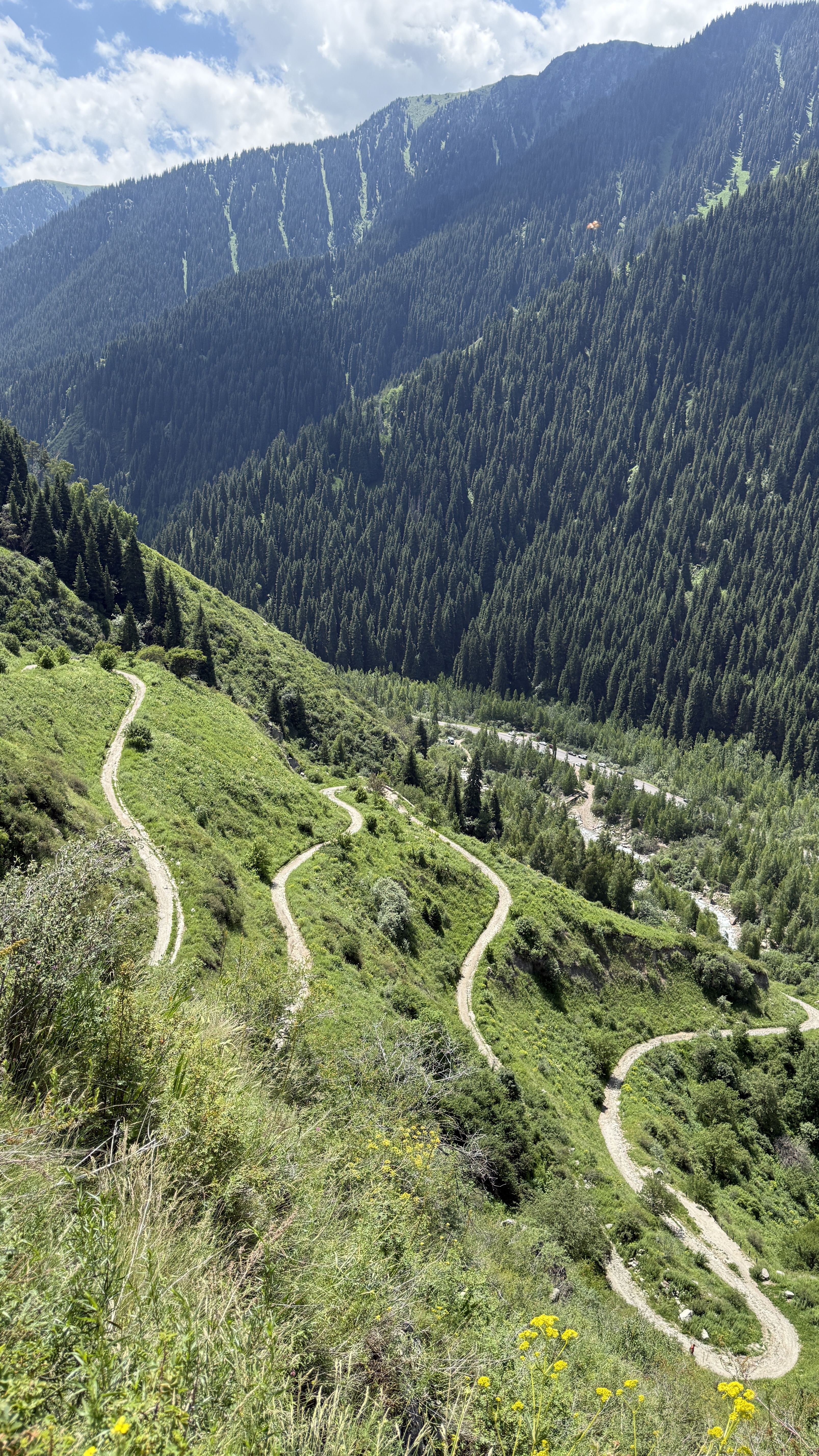 Serpentine mountain trail crossing a green slope above Almaty